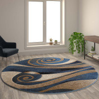 Flash Furniture ACD-RG2775-88-BL-GG Coterie Collection 8' x 8' Round Modern Circular Patterned Indoor Area Rug - Blue and Beige Olefin Fibers with Jute Backing